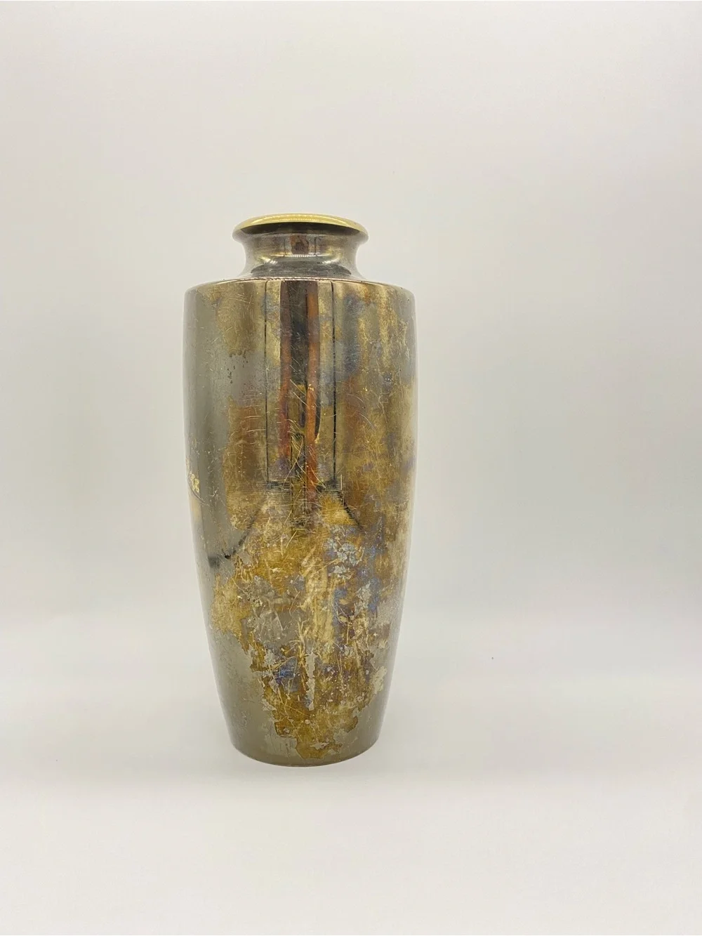 Vintage Japanese Metal Vase Mount Fuji Pagoda Gold Silver Tone Inlay Asian Decor